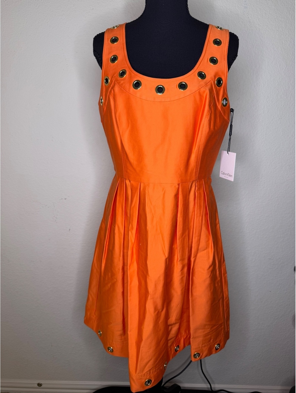 Calvin Klein Orange Sleeveless Dress with Gold Eyelet Detail Size 6